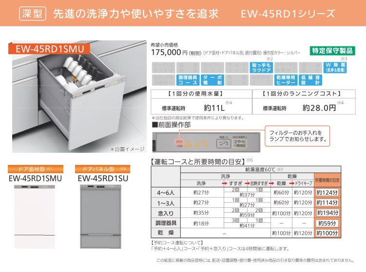 食器洗い乾燥機 三菱電機製（三菱電機）EW-45RD1SMU 幅45cm 深型 ドア面材型 【扉材別売】