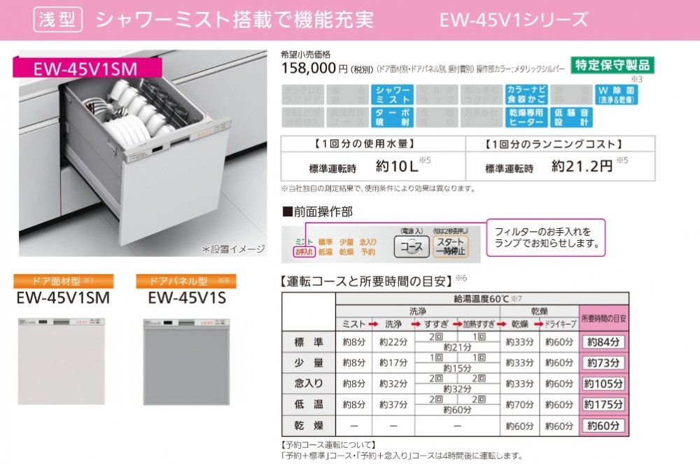 三菱 MITSUBISHI EW-45V1S メタリックシルバー ビルトイン食器洗い乾燥機 (浅型・ドアパネル型・スライドオープンタイプ・幅45cm・ 約5人用)