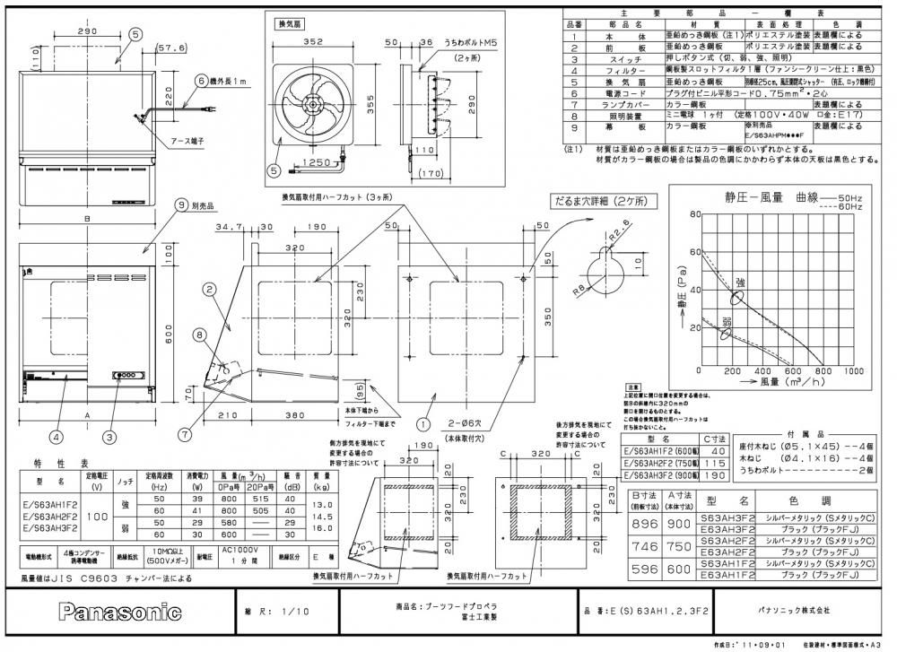 レンジフード 富士工業製（Panasonic）LEE63AH1F2 間口60cm ブラック 壁付けタイプ ブーツ型プロペラファン