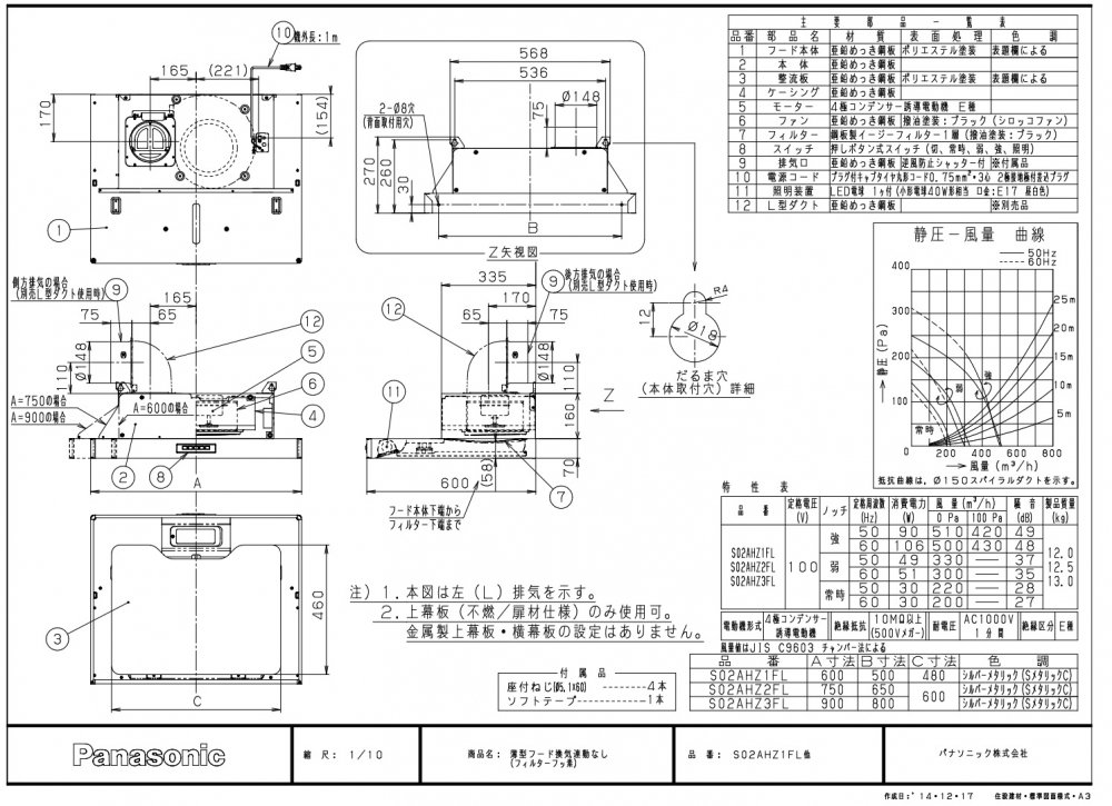 レンジフード 富士工業製（Panasonic）LES02AHZ1F(R/L) 間口60cm シルバー 梁対応フード 薄型フード 上幕板付き