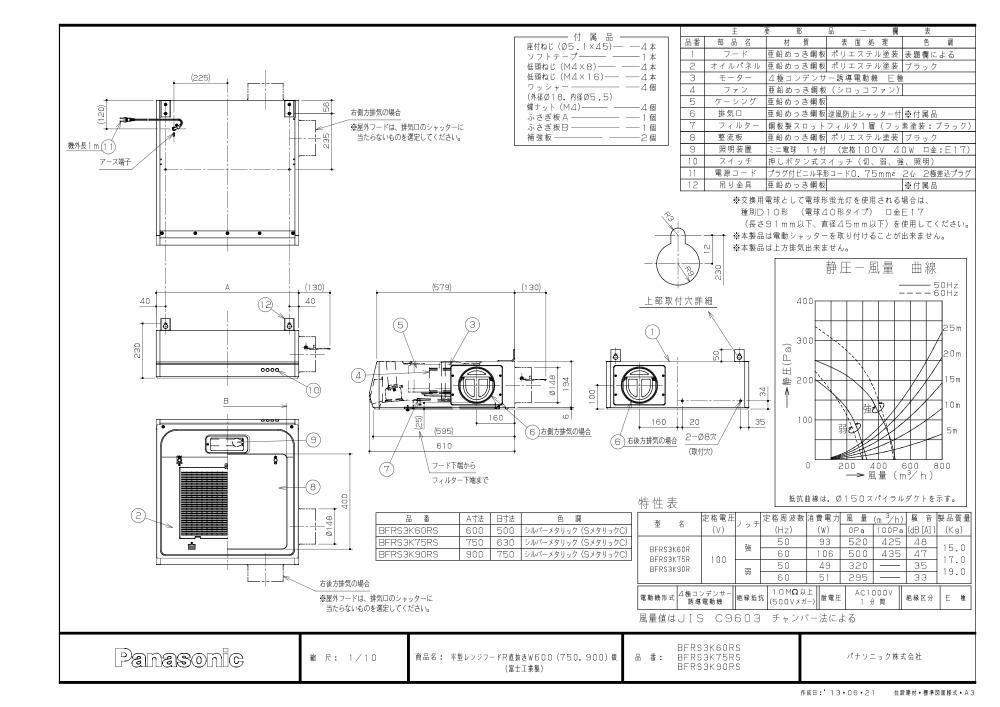 レンジフード 富士工業製（Panasonic） LEBFRS3K75(R/L)S 間口75cm シルバー 梁対応フード 平型フード（直排気用）  上幕板付き