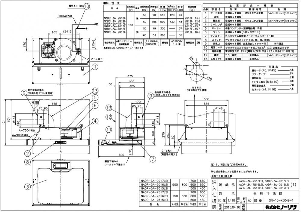 新作 XPRICE  店富士工業 ADR-3A-7516R SI シルバーメタリック スタンダード レンジフード 間口750mm  高さ600mm 右排気 前幕板付属 横幕板別売