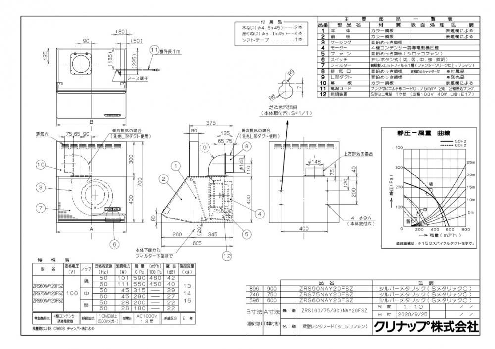 レンジフード クリナップ ZRS90NAY20FSZ 間口90cm 深型レンジフード（シロッコファン） シルバー 上幕板付き