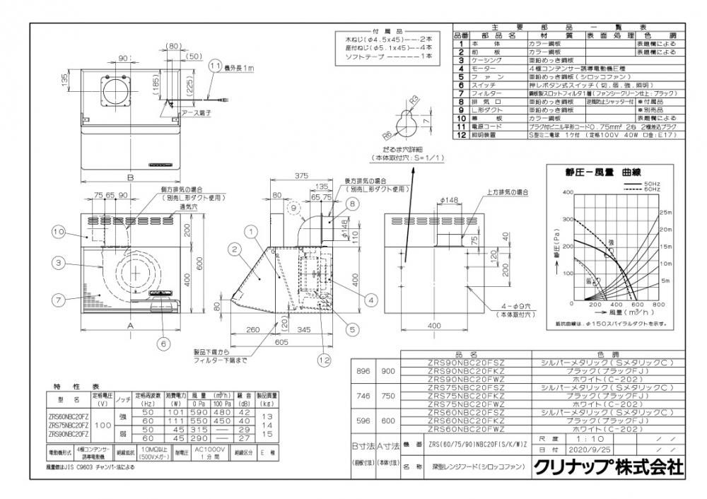 レンジフード クリナップ ZRS60NBC20FKZ-E 間口60cm 深型レンジフード（シロッコファン） ブラック 上幕板付き