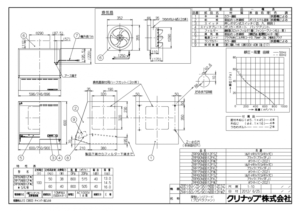 レンジフード クリナップ ZRP90NBB12FKZ-EB 間口90cm ブラック レンジフード クリナップ ZRP90NBB12FKZ-EB 間口90cm ブラック
