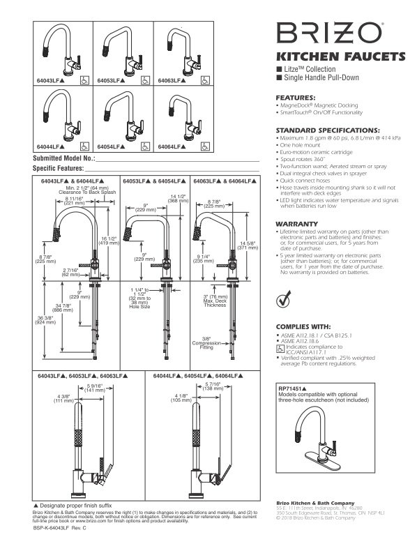キッチン水栓 デルタ製(DELTA) 64054LF-GL ブリゾ タッチ式 シャワー水栓 リッツェ ラックスゴールド