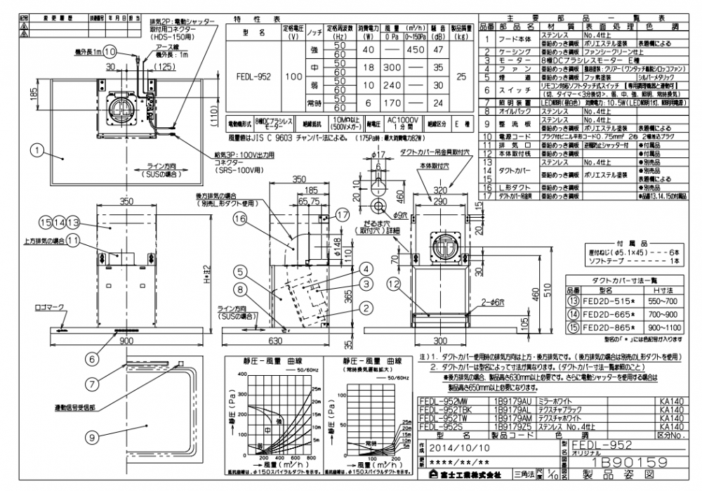 レンジフード アリアフィーナ製（富士工業）FEDL-952TBK テクスチャーブラック 間口90cm フェデリカ 壁面取付けタイプ ダクトカバー付き