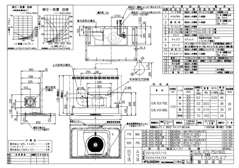 レンジフード 富士工業製（富士工業）CLRL-ECS-902R/LW ホワイト