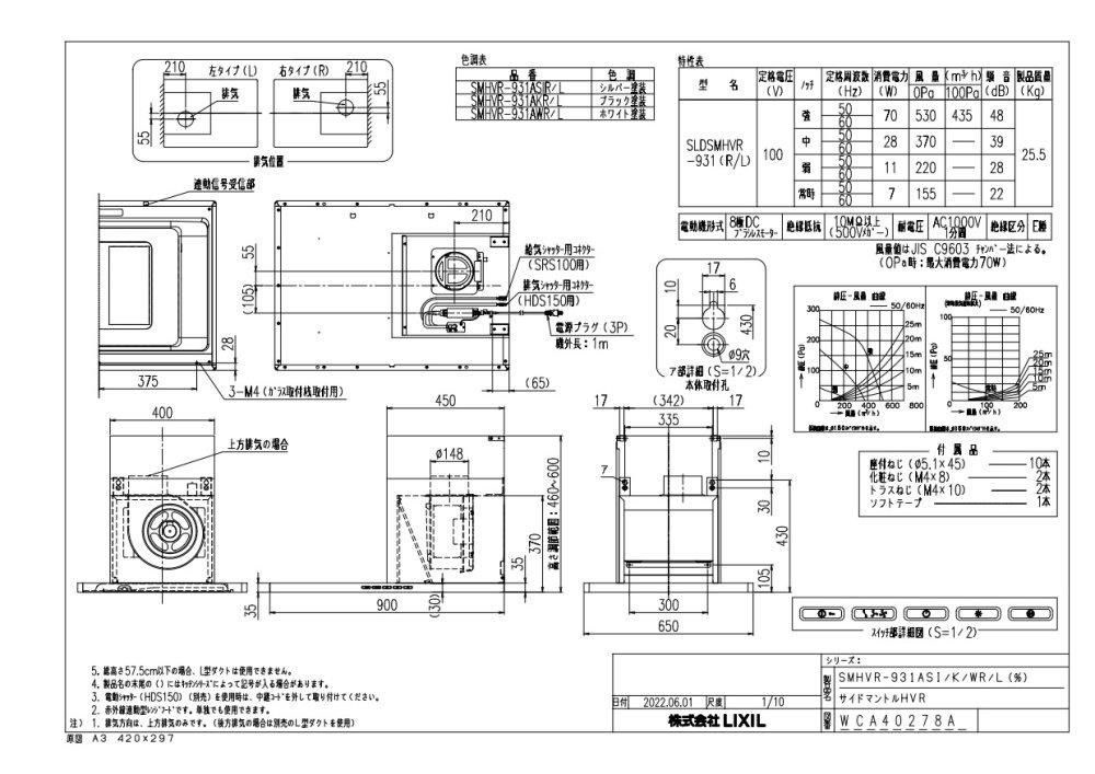富士工業 レンジフード　換気扇　SMHVR-931ASIR 2024年製 LIXIL レンジフード 富士工業製（LIXIL） SMHVR-931SI(R/L) 間口