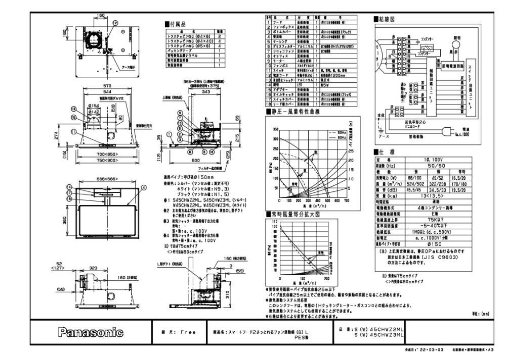 レンジフード Panasonic JUGW45CHWZ2M(R/L) スマートフードII シロッコファン 間口75cm 壁付けタイプ ホワイト 上幕板 付き