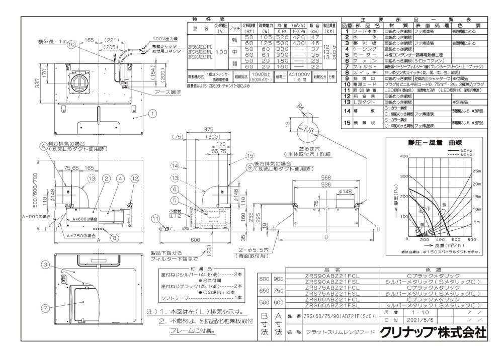 レンジフード クリナップ ZRS90ABZ21FS(R/L)-E 間口90cm フラットスリムレンジフード シルバー 上幕板付き