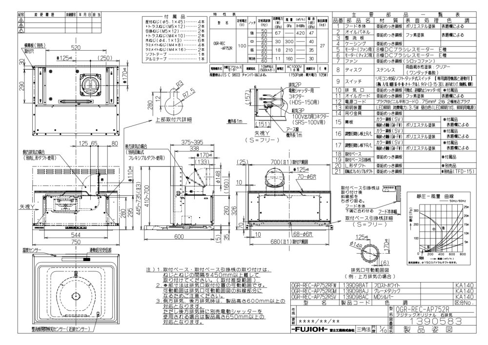 レンジフード 富士工業製(Rinnai) OGR-REC-AP752(R/L)GM 間口75cm グレーメタリック OGRシリーズ　 クリーンフード(オイルスマッシャー・スリム型)上幕板付き