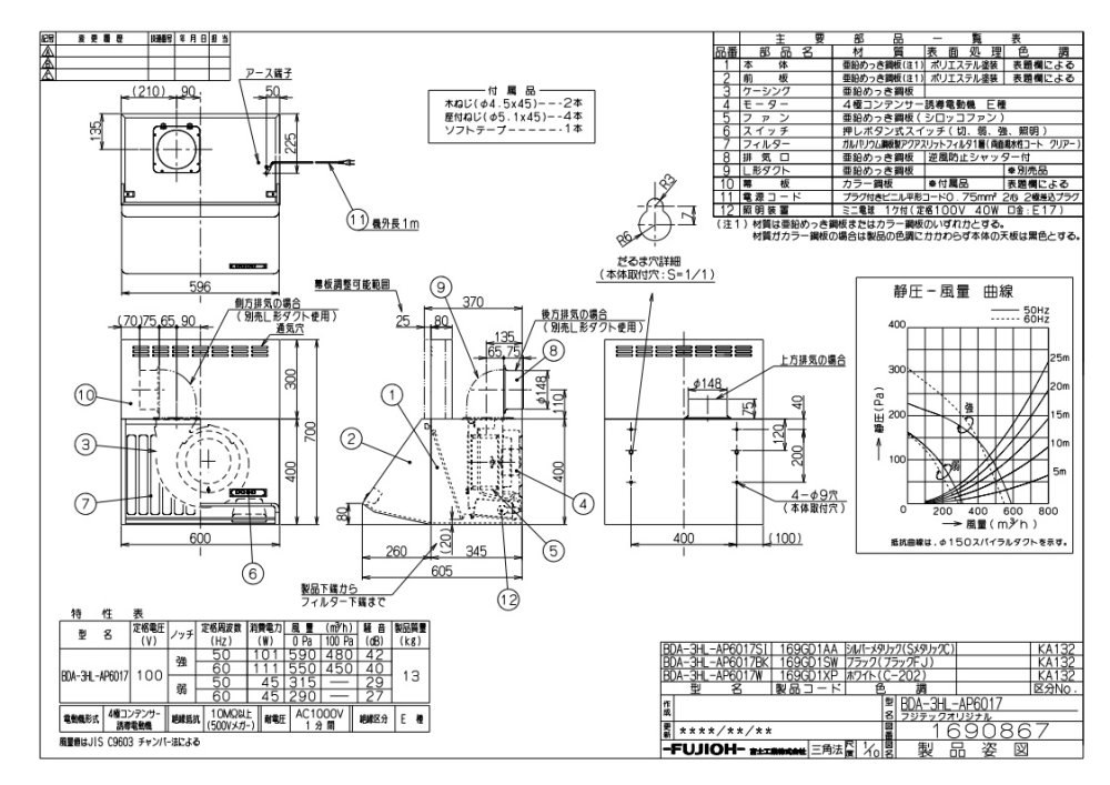 レンジフード 富士工業製（Rinnai）BDA-3HL-AP6017BK 間口60cm 総高さ