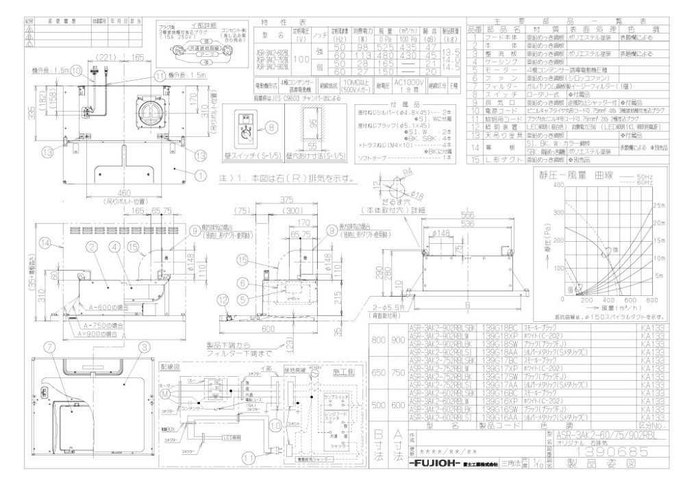レンジフード　富士工業製（富士工業）BDR-3HLD-751SI　シルバーメタリック　間口75cm　高さ60cm　壁面取付けタイプ　上幕板付き - 3