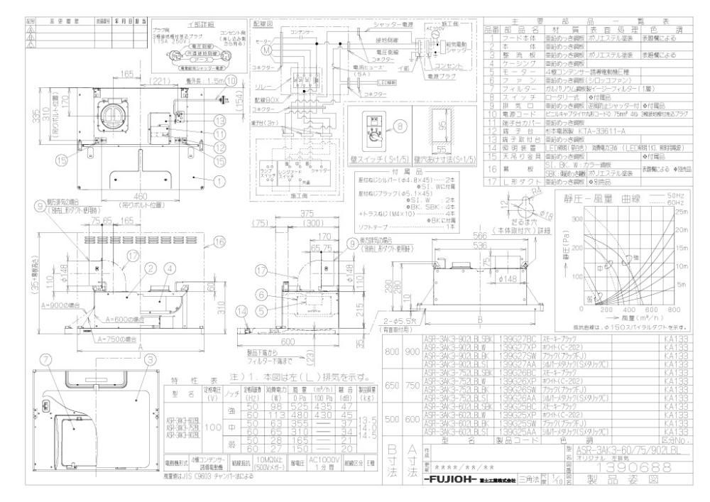 レンジフード 富士工業製（富士工業）ASR-3AK3-752R/LBLSBK スモーキーブラック 間口75cm 壁面取付けタイプ 上幕板付き