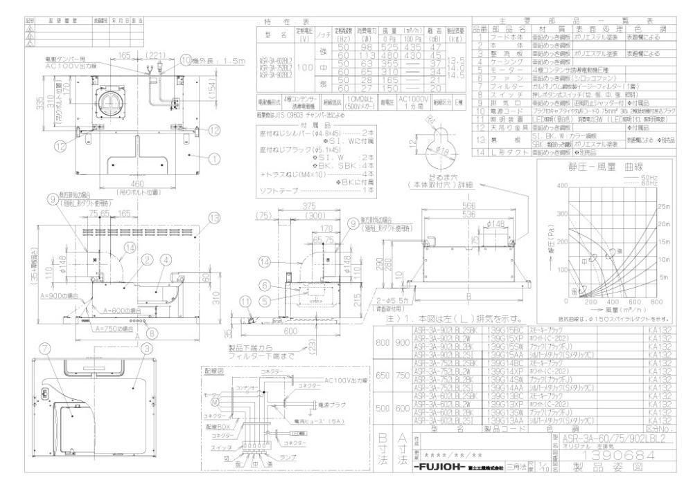 レンジフード 富士工業製（富士工業）ASR-3A-752R/LBL2W ホワイト 間口75cm 壁面取付けタイプ 上幕板付き