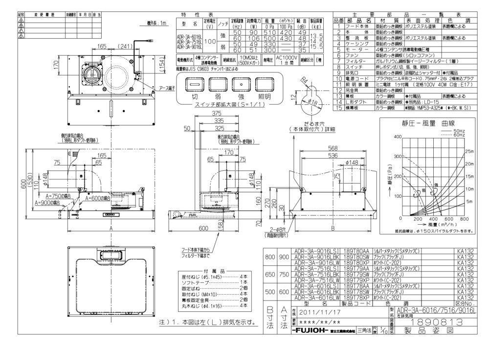 レンジフード 富士工業製（富士工業）ADR-3A-6016R/LBK ブラック 間口60cm 高さ60cm スタンダード 壁面取付けタイプ  BL3型相当風量 上幕板付き