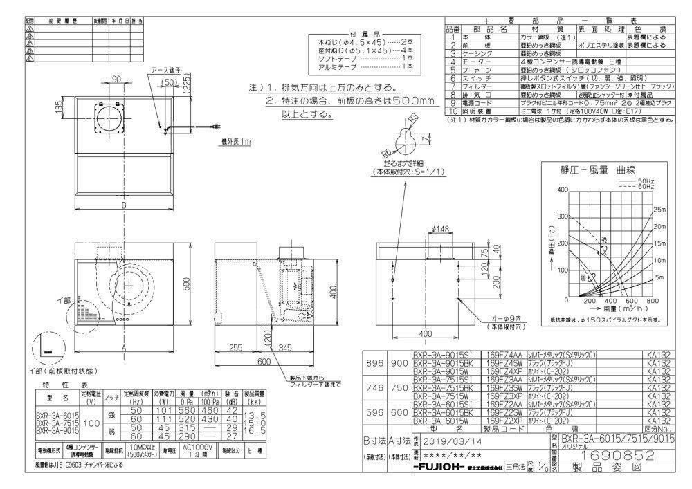 レンジフード 富士工業製（富士工業）BXR-3A-7515W ホワイト 間口75cm 高さ50cm スタンダード 壁面取付けタイプ BL3型相当風量