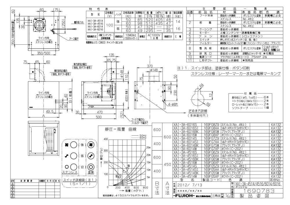 レンジフード 富士工業製（富士工業）XAI-3A-4514BK ブラック 間口45cm 高さ40cm スタンダード 壁面取付けタイプ BL3型相当風量