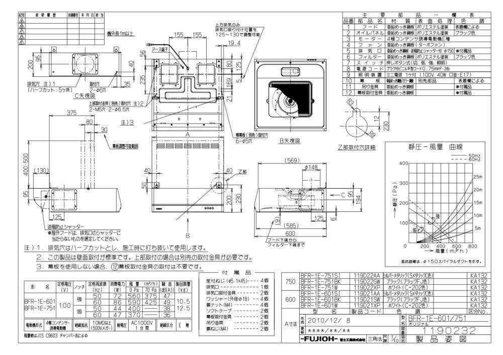 レンジフード 富士工業製(富士工業)BFR-1E-601W ホワイト 間口 レンジフード 富士工業製(富士工業)BFR-1E-601W ホワイト 間口