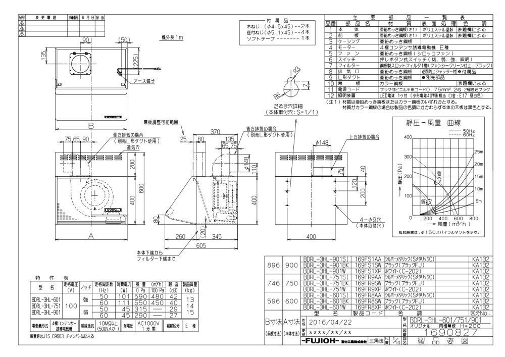 レンジフード 富士工業製（富士工業）BDRL-3HL-901SI シルバーメタリック 間口90cm 壁面取付けタイプ 上幕板付き