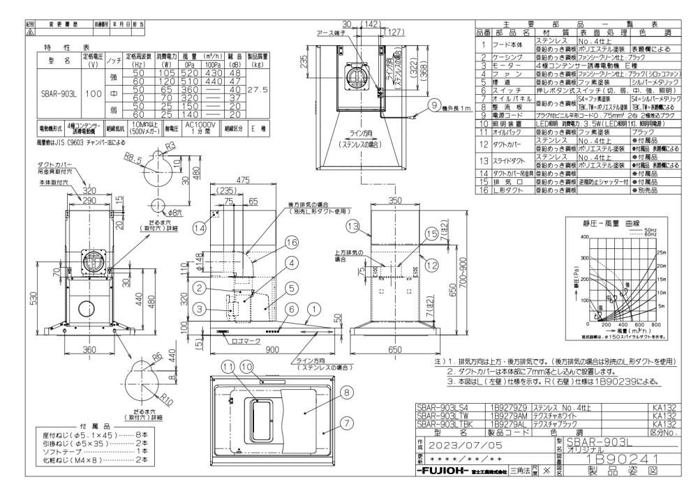 レンジフード/アリアフィーナ製（富士工業)SBAR-903(L)新品未使用 レンジフード アリアフィーナ製（富士工業）SBAR-903(R/L)TW