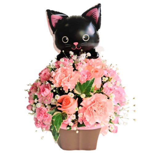 バルーン黒猫のお花畑フラワーアレンジメントぴんく   花金