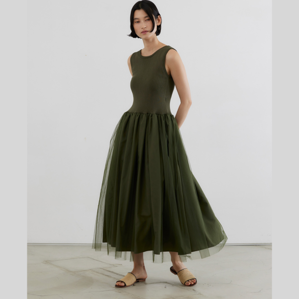 ADAWAS (凉) STRETCH COTTON MIDI DRESS / KHAKI