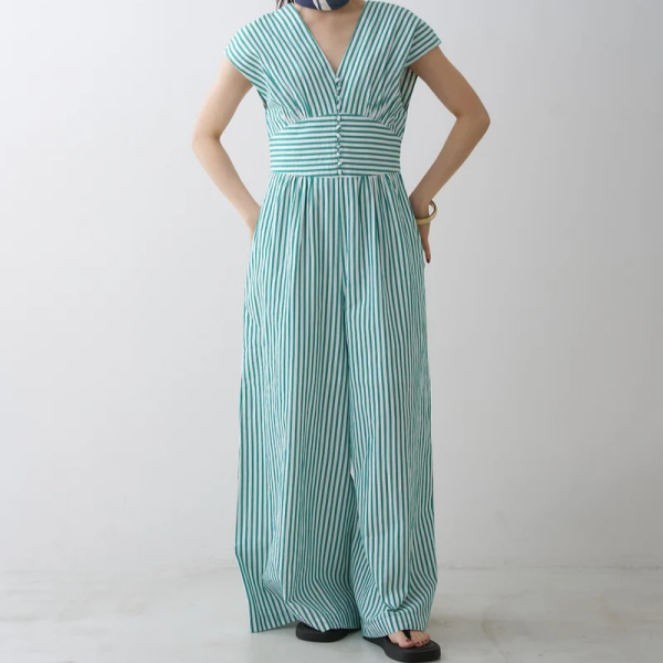 ne Quittez pas (ヌキテパ) Poplin Stripe All In One - Green ne Quittez pas (ヌキテパ) Poplin Stripe All In One - Green