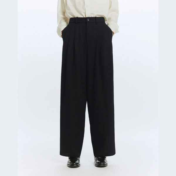MARKAWARE (ޡ) Organic Wool Survival Cloth® Triple Pleated Wide Trousers - BLACK