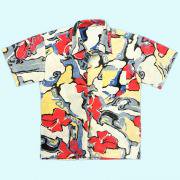 Aloha shirt アロハシャツ Hawaiian ハワイアン 裏地使い 木製ボタン 半袖 柄　サイズ：３８／４０ （Ｍ）