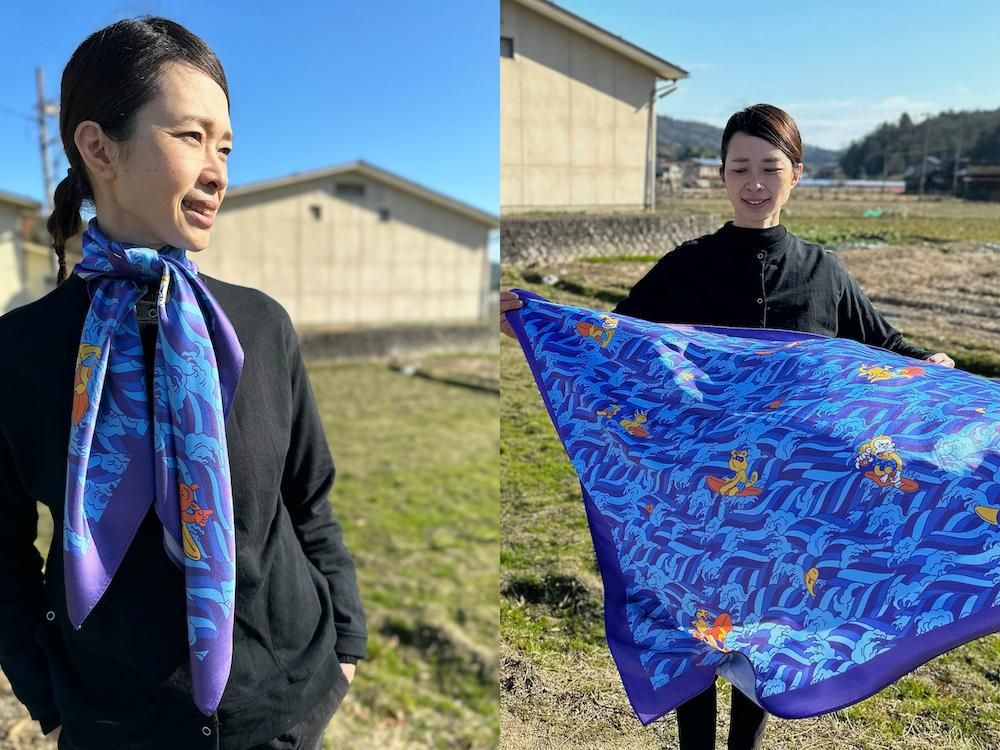 壁画アートプリントシルクサテンスカーフ| 京都の手織り 壁画アートプリントシルクサテンスカーフ| 京都の手織り