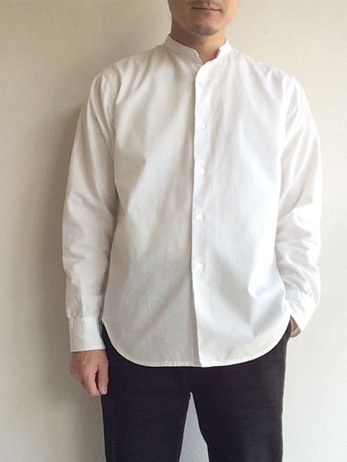 バンドカラーシャツ ホワイトシャンブレー Band Collar Shirt,White