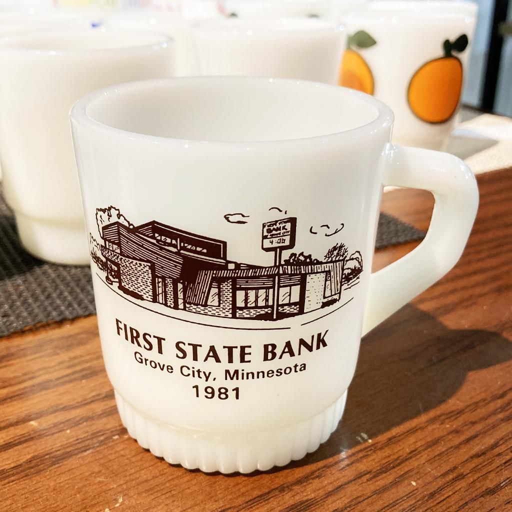 リブドボトムマグ FIRST STATE BANK 1981年製造 Fire-king