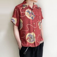 鶴と松のアロハシャツ 赤シルク製 1980年〜1990年代製造／PARADISE FOUND パラダイスファウンド