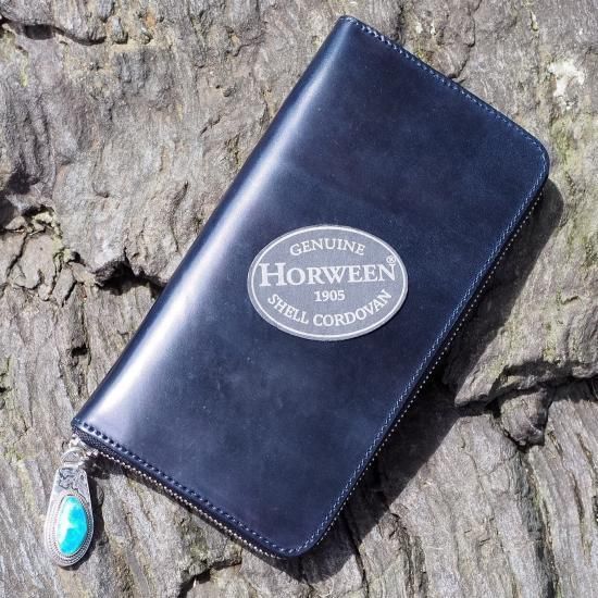 7SENSE】シェルコードバン・ラウンドジップ長財布/ネイビー(ターコイズ