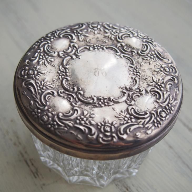 アンティーク パウダージャー クリスタル×シルバー 蓋付 アール・ヌーヴォー アンティーク パウダージャー クリスタル×シルバー 蓋付 アール