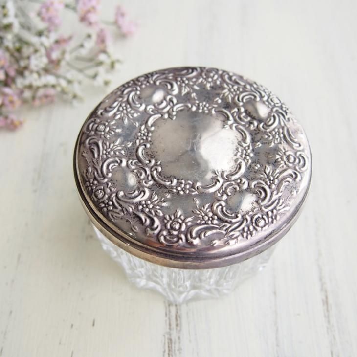 アンティーク パウダージャー クリスタル×シルバー 蓋付 アール・ヌーヴォー アンティーク パウダージャー クリスタル×シルバー 蓋付 アール