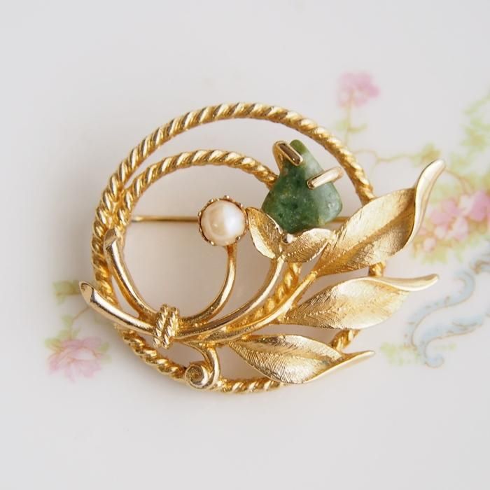 ヴィンテージ ブローチ 18金ホワイトゴールドプレート 翡翠 金細工植物 745 121287901_o2.jpg?