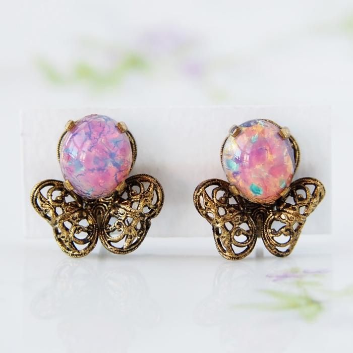 オパール　ブローチ　イヤリング　セット　カボション　ビンテージ　ヴィンテージ オパール ブローチ イヤリング セット カボション ビンテージ