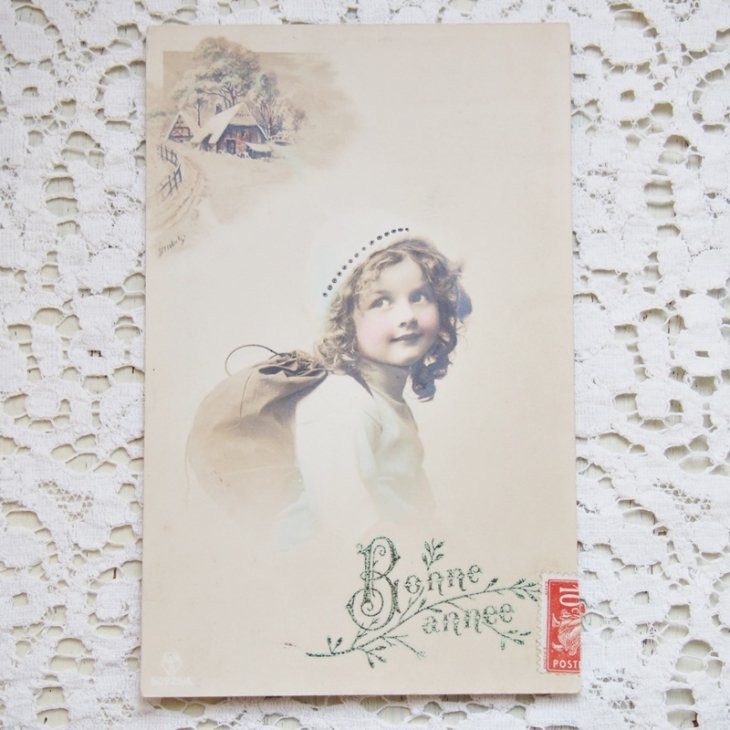 アンティーク ポストカード フランス 少女と田舎の風景 Bonne Annee