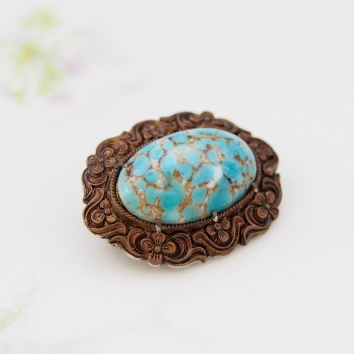 レア　TRIFARI ヴィンテージ　ターコイズ　カボション ブローチ ヴィンテージブローチ ターコイズブルーカラー カボション