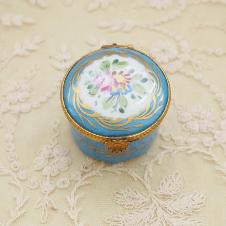 ❣️3点おまとめ❣️ アンティークイギリス フランス リモージュお花柄セット フランス リモージュ お花模様 ブルーのトリンケットボックス