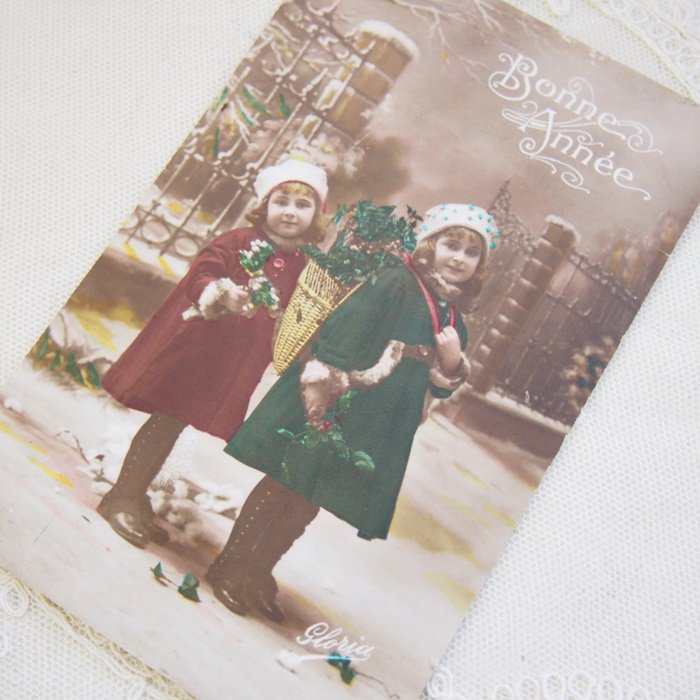 アンティーク ポストカード フランス クリスマス グリーン＆レッド 