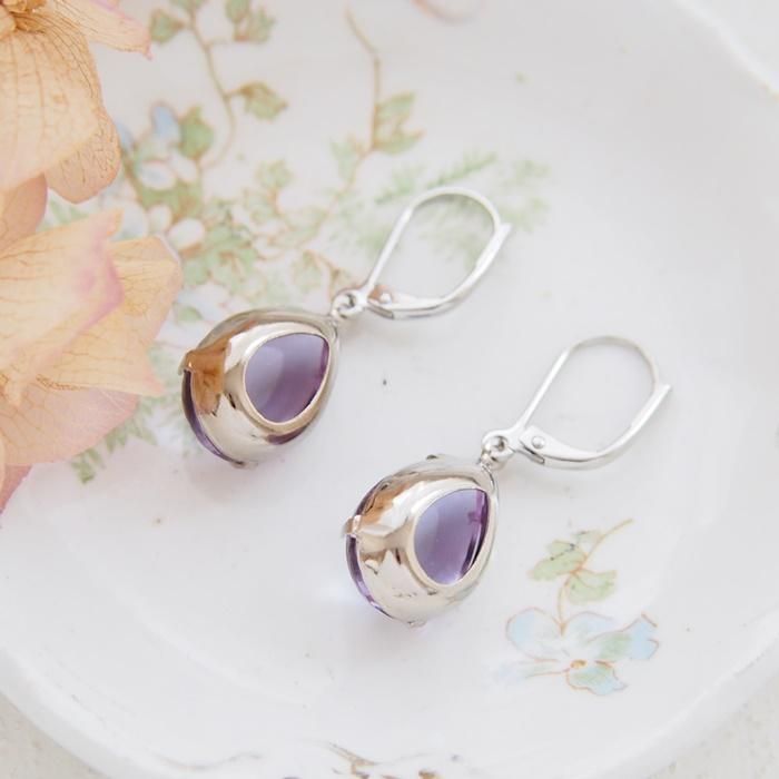 ピアス 紫 パープル シルバー ストーン ドロップ リング 木の葉