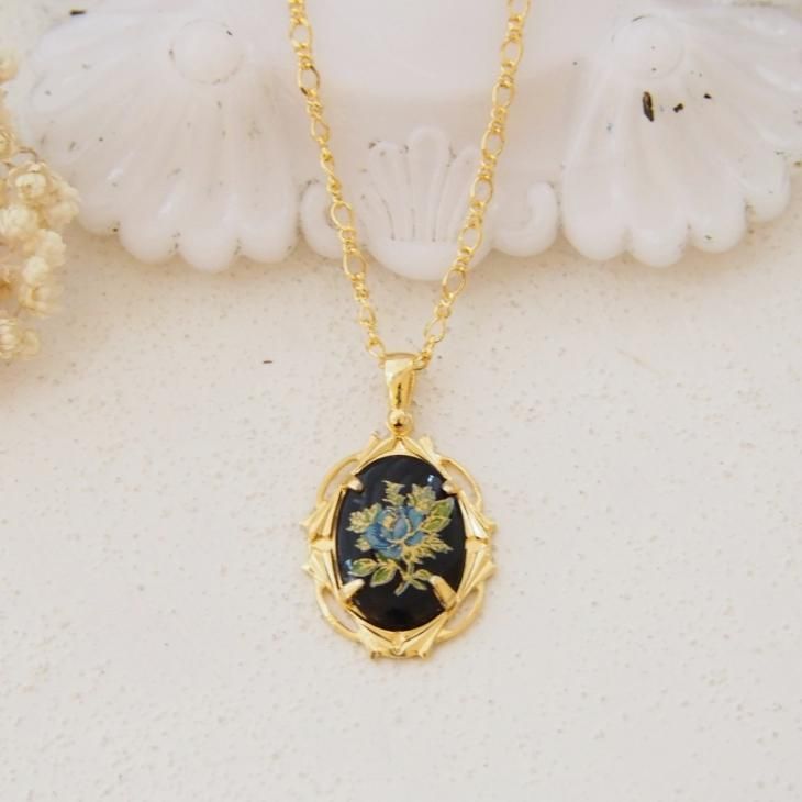 ヴィンテージガラス カメオ ブルーローズ 薔薇 ブラック