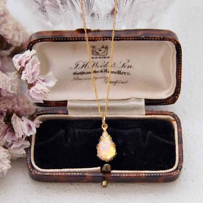 【アンティーク 】【 ヴィンテージ】オパール　ネックレス　トップ 外国製 K14 ヴィンテージペンダントトップ ☆雫型オパールと