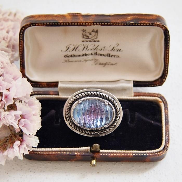 ヴィンテージガラス ブルー＆パープル ギブレガラス オーバル シルバー