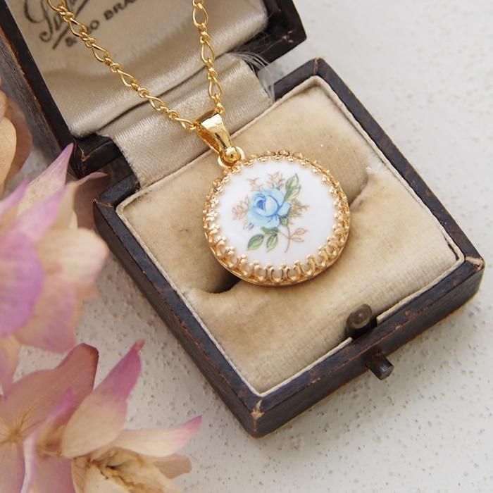 ヴィンテージガラス カメオ ブルーローズ 薔薇 ラウンド