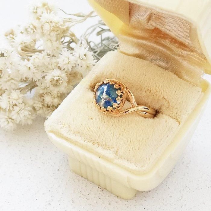 ヴィンテージガラス ブルーオパールガラス ラウンド リング 指輪